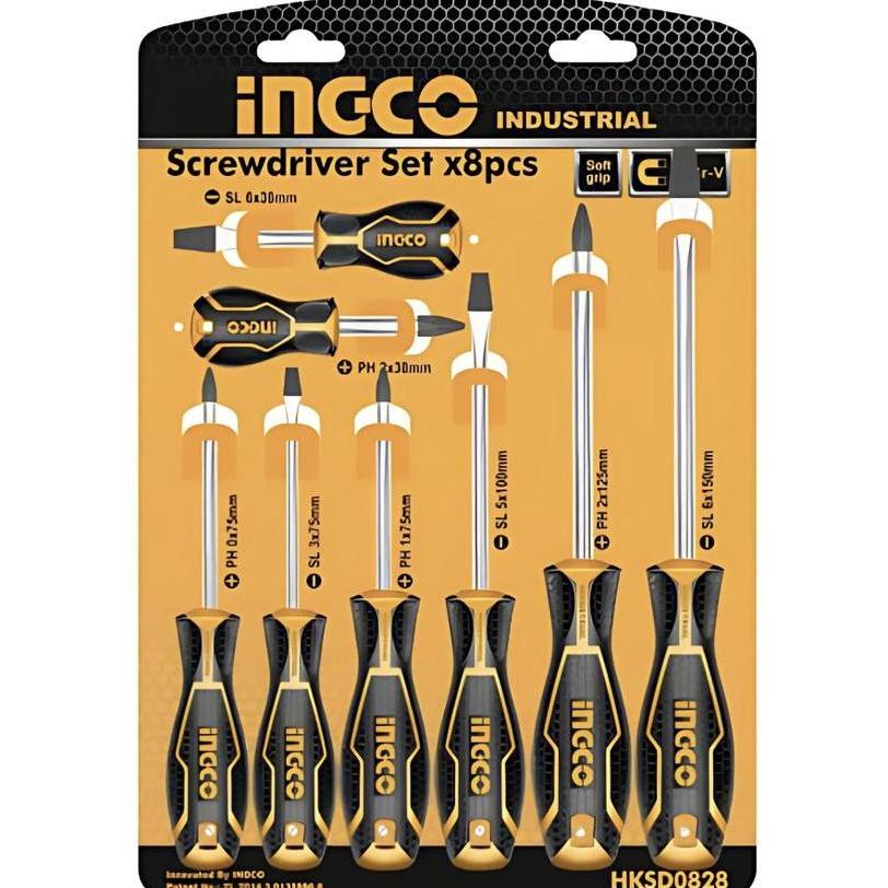 DEZOVRY INGCO Obeng Set 8-Pc GG Karet Screwdriver Obeng Plus Minus HKSD0828 Bahan CR-V Pisau Bundar 