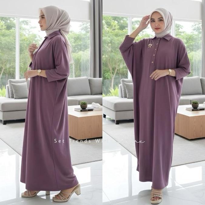 Davina Dress Batwing Button Knit Premium By Lanre - Dress Muslim Dewasa Wanita Bahan Premium