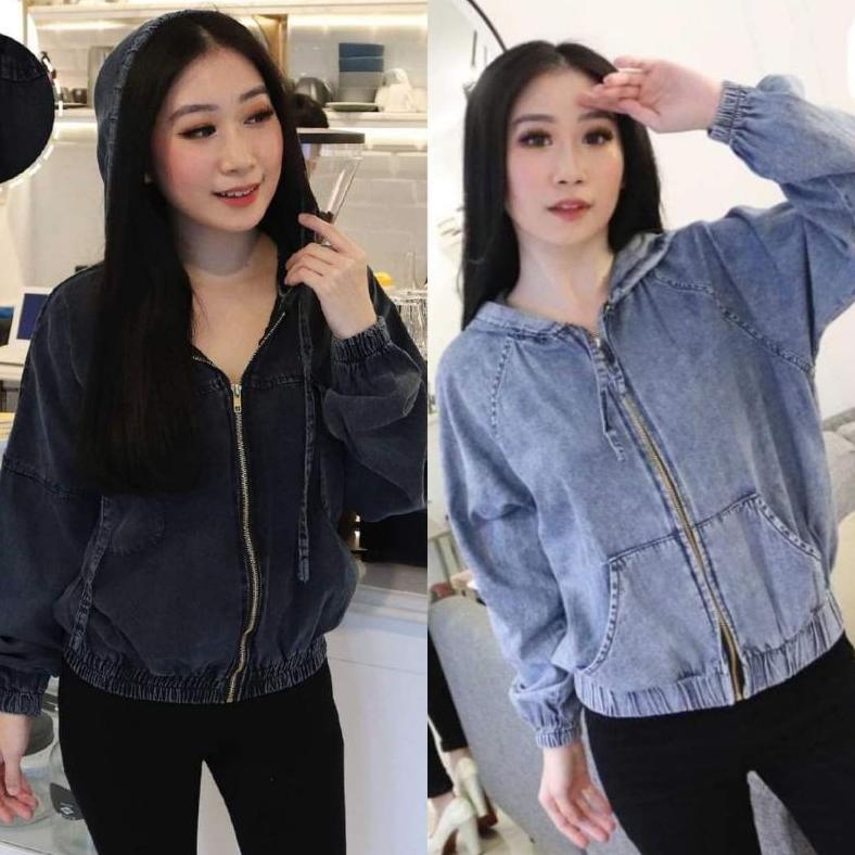 New Jaket Jeans Wanita Hoodie Sleting Zipper Ld 114 Resleting Kekinian