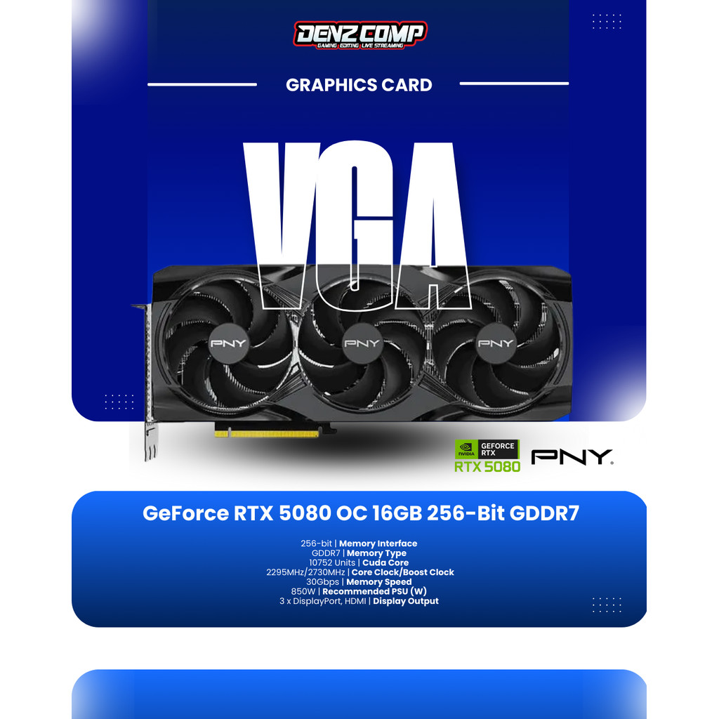 PNY GeForce RTX 5080 16GB GDDR7 Overclocked Triple Fan 256-Bit