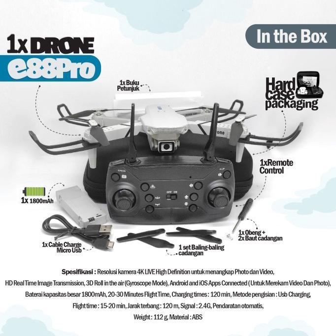 Drone E88Pro 4K Ultra Hd Foldable Drone Lipat Single Camera