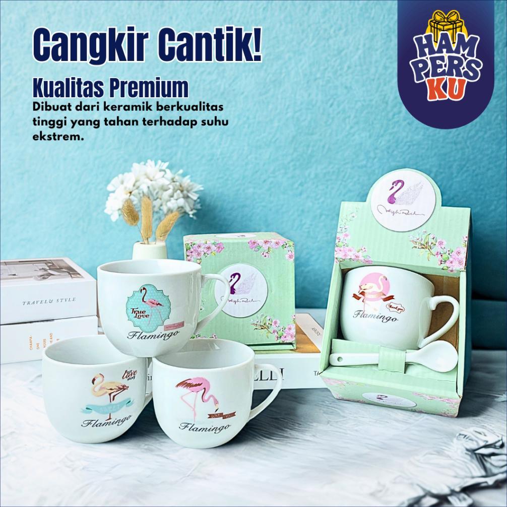 DISKON HAMPERS GELAS KOPI KERAMIK SET SENDOK MOTIF FLAMINGO COUPLE SOUVENIR CANGKIR ELEGAN ACARA SPE