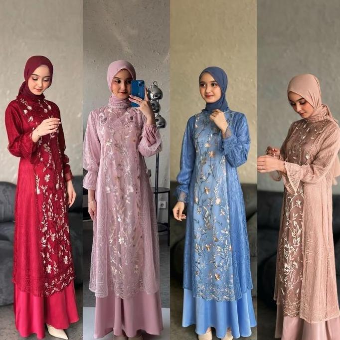 Hijablabel | Zeya - Gamis Kondangan Muslim Wanita Mewah ( Inner Outer ) | Dress Tile Panjang Simple 