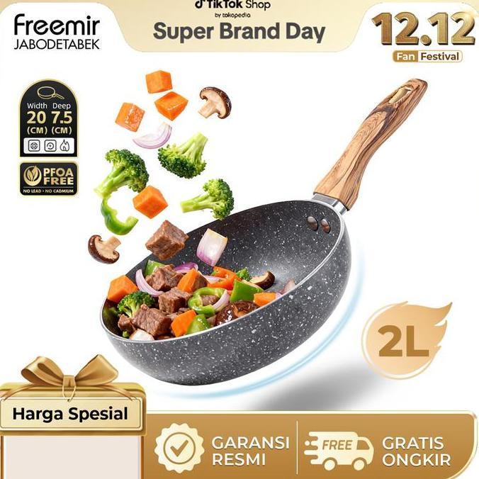 [SUPER MEGA SALE] freemir Wajan Cekung 20 cm Wajan Anti Lengket Batu Granit Premium Set Wajan+Gagang