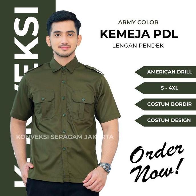 PDL Pendek Baju Kemeja Seragam Kerja Pakaian Dinas Lapangan Hijau Army Bordir