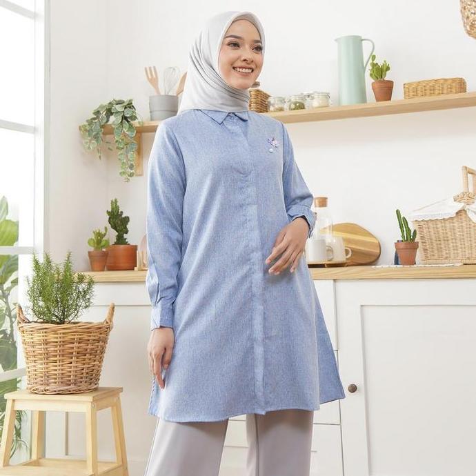 Wulfi Atasan Kemeja Tunik Day To Day Katun Cotton Madinah Misty Blue kantor muslim Nyaman Panjang Ba
