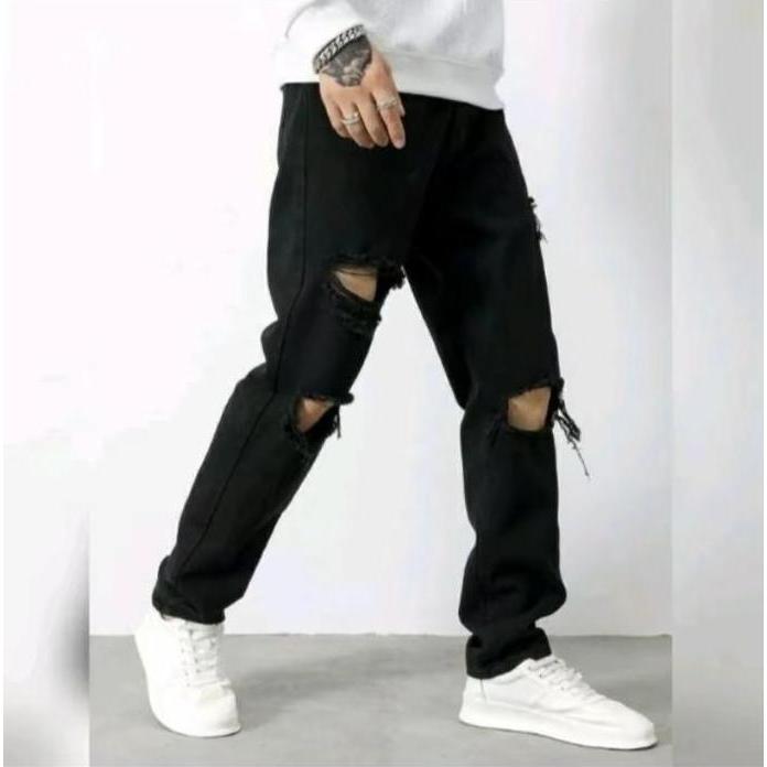 Larisyaa- Bayar Di Tempat Celana Jeans Standar Reguler Basic Sobek Lutut Ripped Keren / Celana Panja