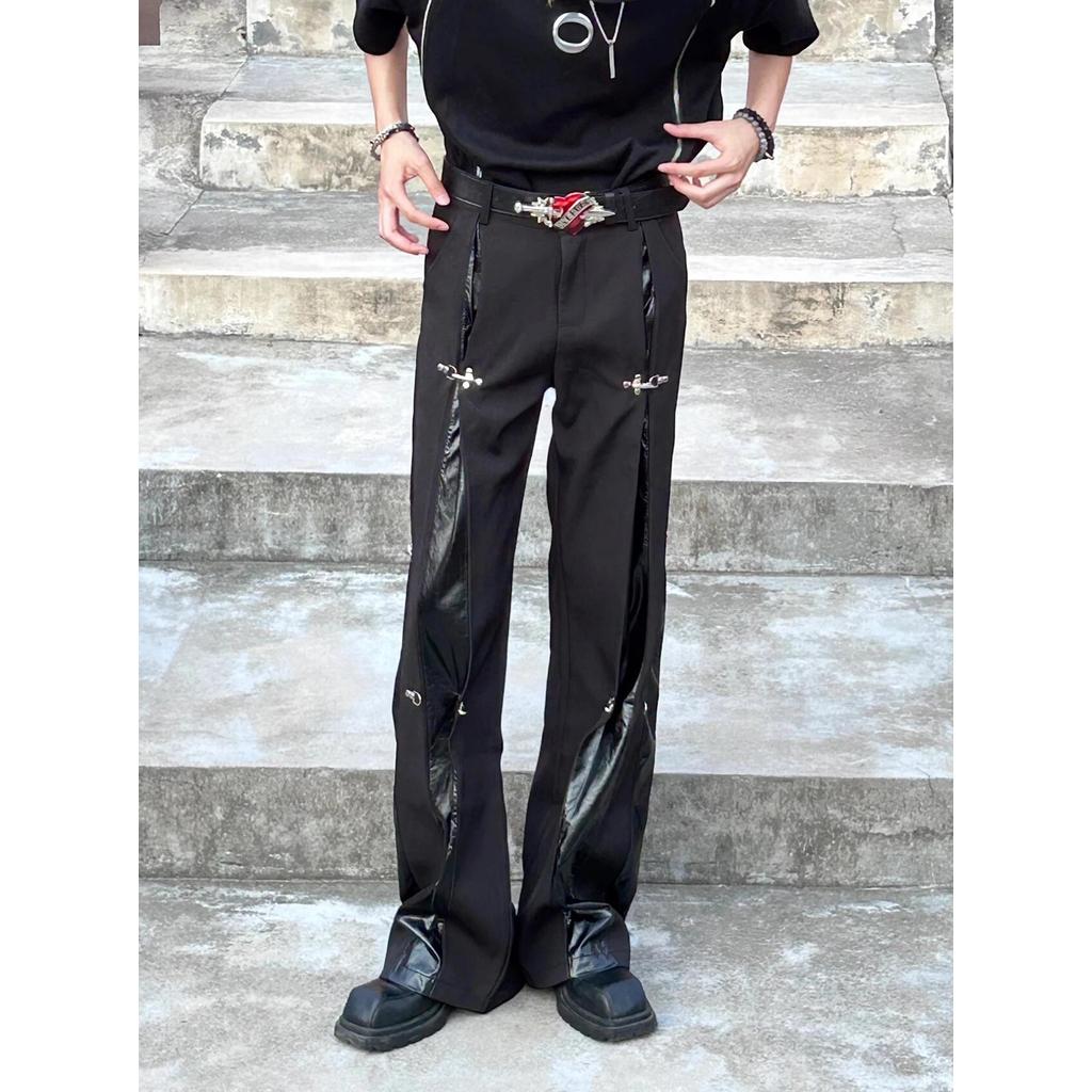 2024 y2k Style Black Men Cargo Outdoor Tracksuit Pants Y2K Design buttons Sweatpants Leather splicin