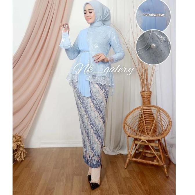 COUPLE KEBAYA TUNIK TULLE MUTIARA ICE BLUE Baju Batik Dewasa  Panjang  Pendek  Wanita  Lilit Pasanga