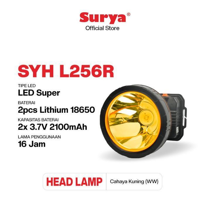 Surya Senter Kepala LED Super Terang Lithium SYH L256R LAMPU KUNING Baterai Air