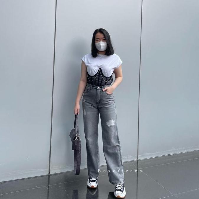 Terbaru Boxofjeans - Milly Ripped Hw Loose Jeans - Grey // Celana Panjang Wanita High Waist
