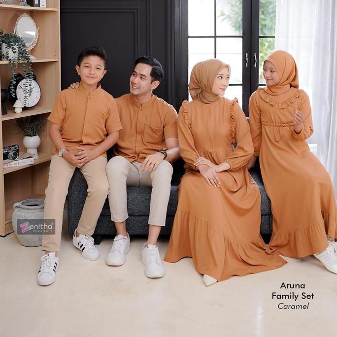Zenitha - Aruna Denim/Caramel Sarimbit Keluarga Lebaran Couple Family Set Premium Baju Muslim Ruffle