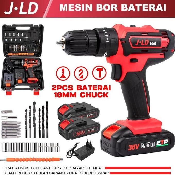 JLD Mesin Bor 10 MM 2 Baterai 36Vf Cordles Putaran Bolak Balik