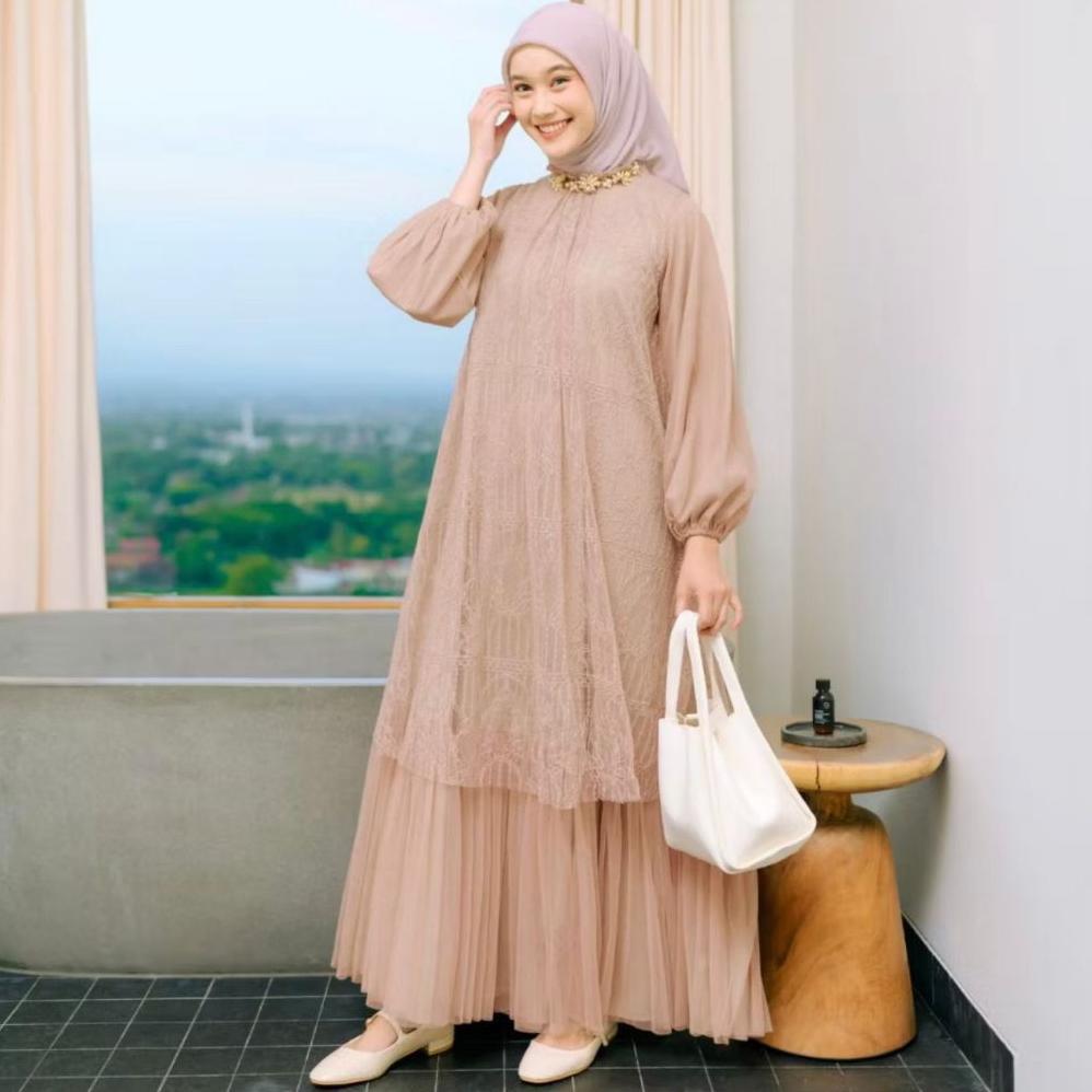 Termurah  Gamis Brokat Tulle Elegan Hijab Muslimah Kekinian | Dress Kondangan Wanita Modern | Baju L