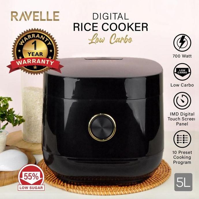 Allthebest- RAVELLE Rice Cooker Digital Low Carbo 5L- Penanak Nasi - Low Watt