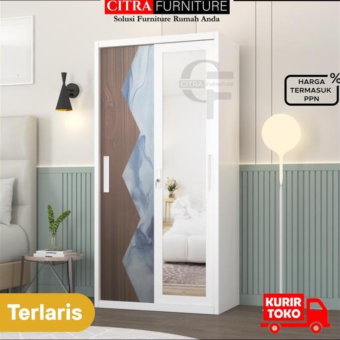 Lemari Pakaian Sliding 2 Pintu Full Cermin|LP Baju Sleding Kaca Full