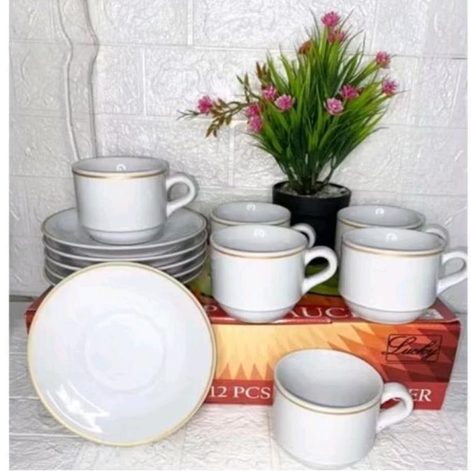 TERBARU - Cangkir  Set keramik.putih   List Mas/Cangkir Kopi (6 cangkir + 6 pisin