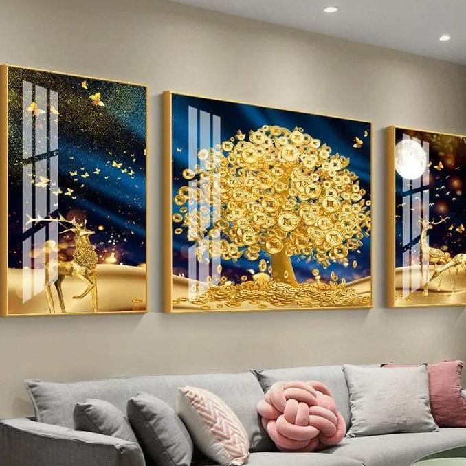 Terlaris 3 Set In 1 Lukisan Porcelain 5D Diamond Motif Pohon Emas Money Tree Pajangan Dinding Siap P