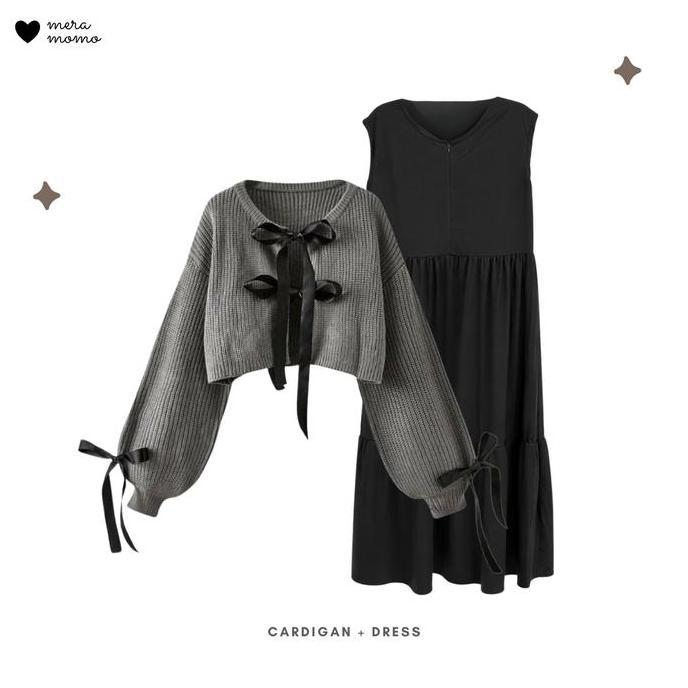 Meramomo - Set Tiara Outfit Casual Cardigan Rajut Inner Dress Bella Square Setelan Wanita Korea MM11