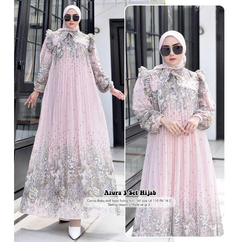 garansi azura 3 set hijab segi4 / gamis dress plisket / gamis wanita kekinian / terbaru