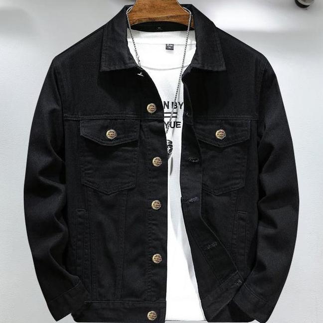 Jaket Jeans Denim Polos Pria Wanita Nyaman Panjang Hitam Hitam Blazer Casual