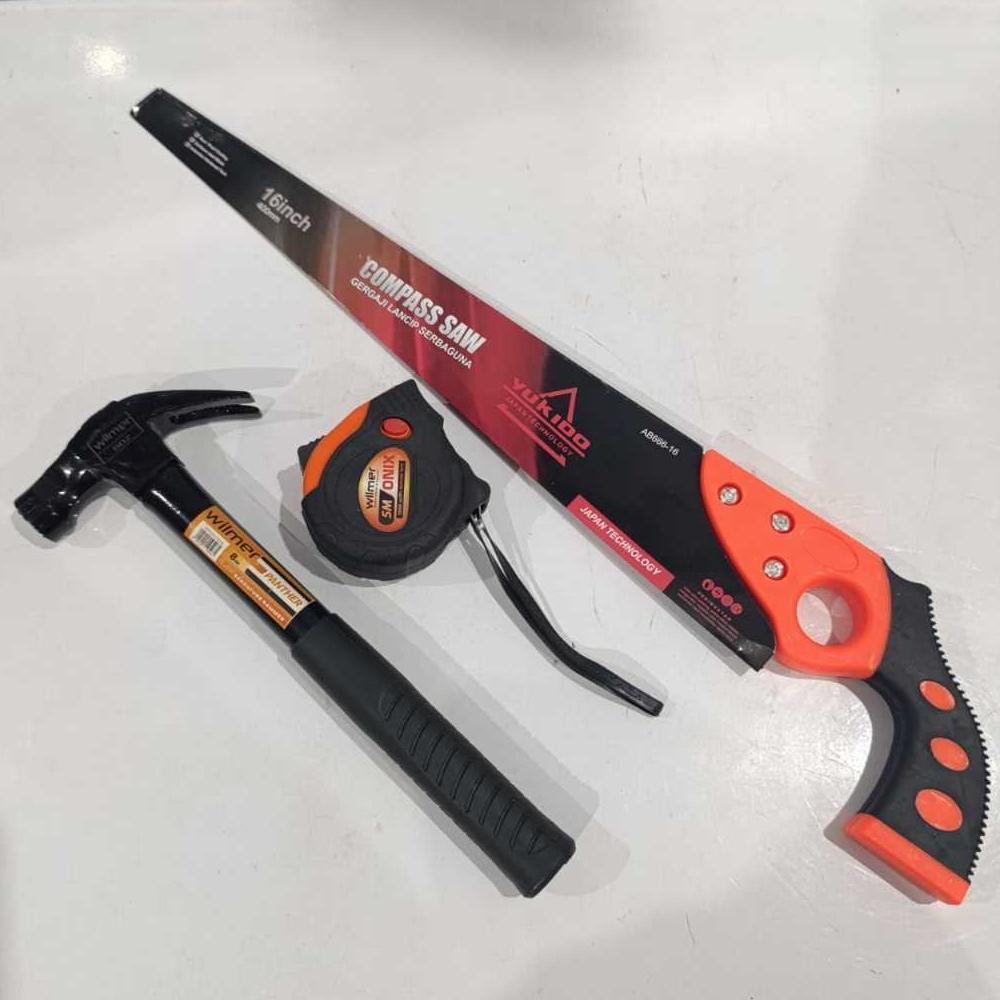 FREE ONGKIR PAKET TUKANG MURAH - GERGAJI KAYU BAJA ASLI SIAP PAKAI- PALU KAMBING GAGANG BESI , METER