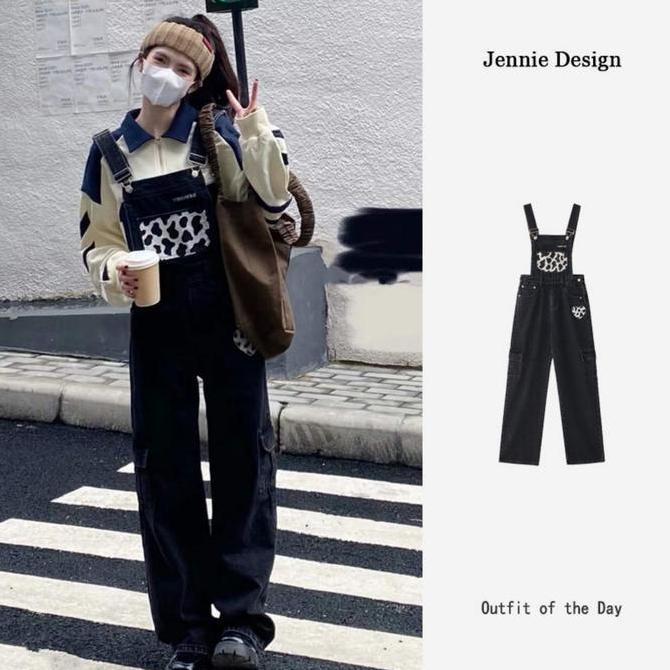 DV197 >> XJ0072 Cinta Sapi Bordir Tali Jeans Wanita Lurus Lebar Kaki Longgar Celana Panjang Pendek H