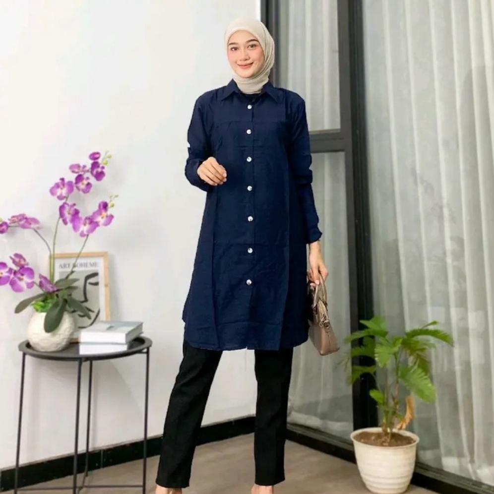 PREMIUM Zella Tunik polos polo linen kancing depan belakang|| kemeja wanita polos tunik pololinen 20