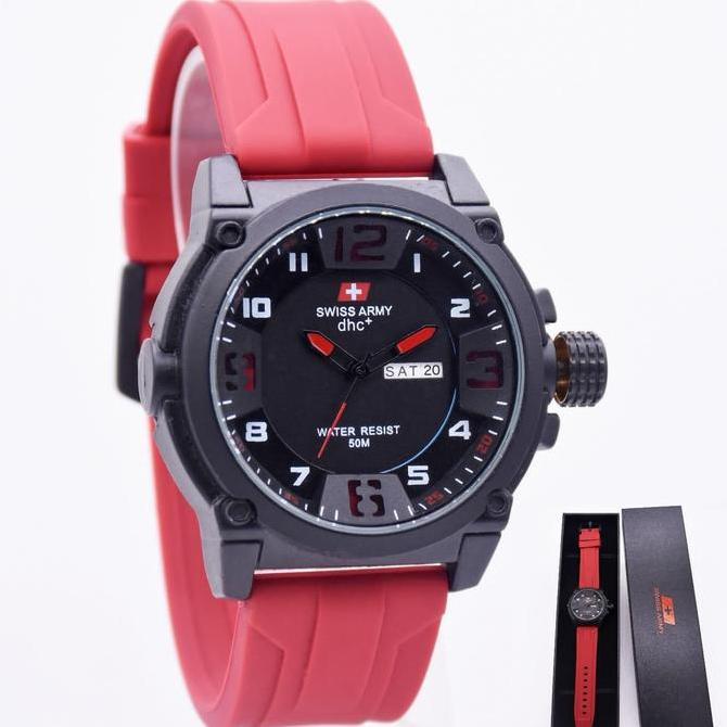 DV371 - JUAL SWISS ARMY ORIGINAL SA47739 TALI RUBBER JARUM MERAH - JAM TANGAN PRIA - BONUS BATERAI C