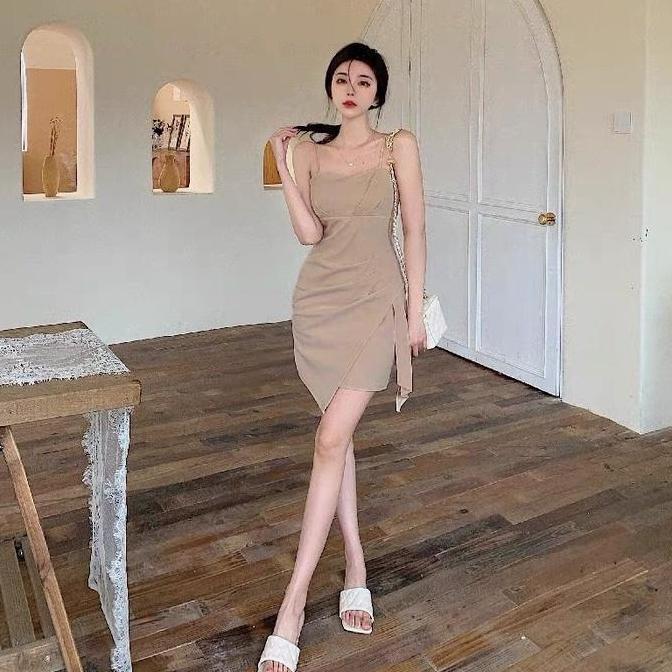 DB212 - 1319 beige dress Gaun bertali mini seksi pantai prom big size Elegant Pas Body iner dress ta