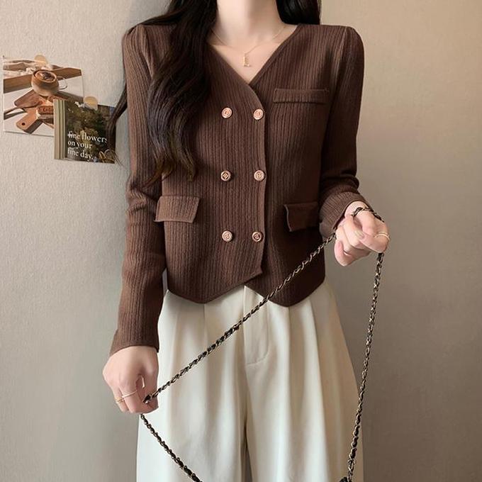 DR226 - Tweed Blazer Variasi Kantong Button Gold Bawah Belah Oval Knit Premium | Atasan Rajut Wanita