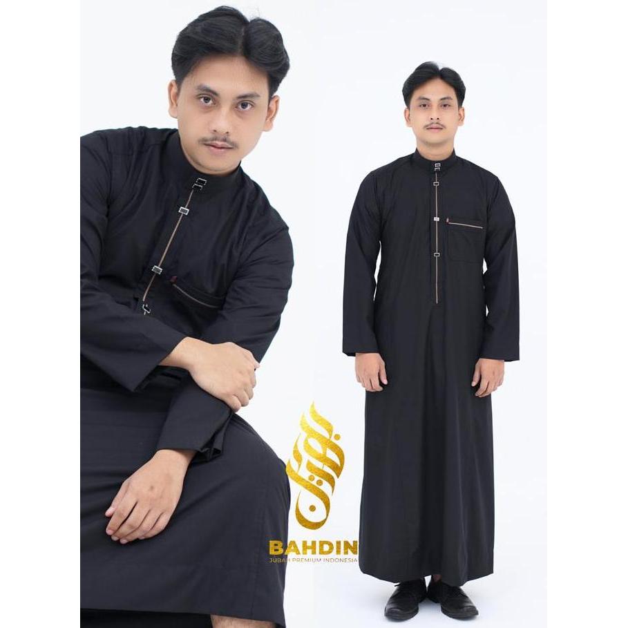 Super Murah, Bahdin Gamis Pria Lengan Panjang Kerah Bulat Premium Motif Aplikasi Garis Hitam Jubah M
