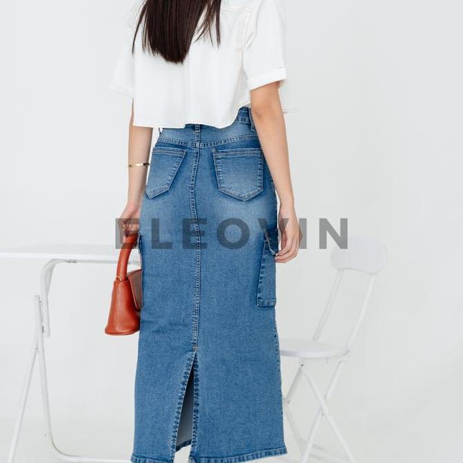 DE118 - Rok Cargo in Medium Jeans - Rok Jeans Premium Bangkok Korean Style Panjang Stretch Wanita