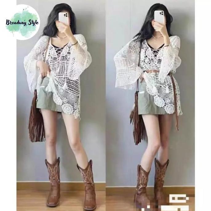 DV387 >> Outer Tribal Ethnic Bohemian Crochet Rajut Sulam Baju Luaran Wanita Lengan Panjang Crop Top