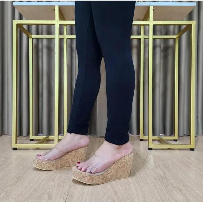 Wedges cantik 7 cm Wedges casual kekinian wedges kokop kaca wedges mika bening Hak Tinggi (5-8 cm) S