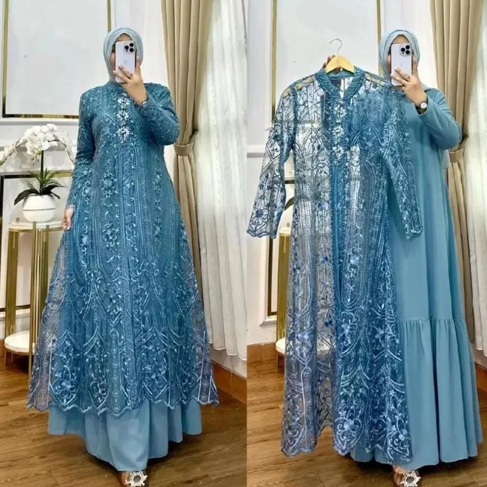 Gamis Pesta Mewah Elegant Laksmi Maxy BO Bahan Ceruty Babydoll Full Puring Mix Brukat Aplikasi Mutia