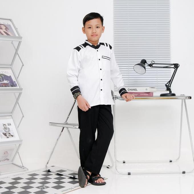 Baju Koko Anak Pria Lengan Panjang El Rumi Bahan Katun Toyobo Atasan Muslim Putih