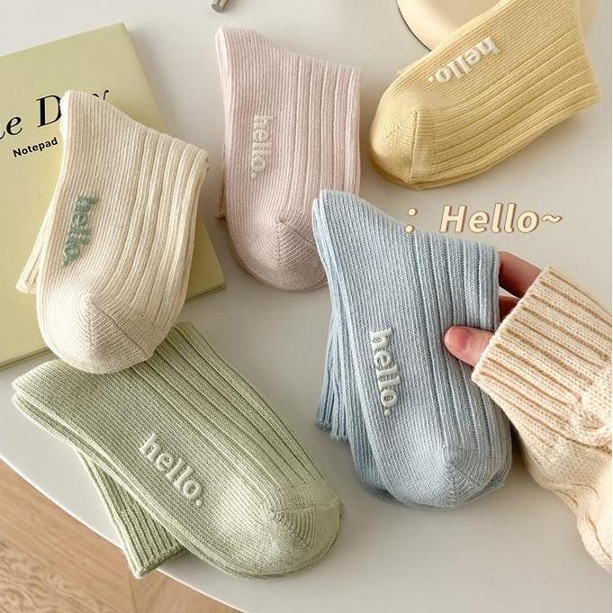 Kaos Kaki Fashion Wanita Polos Motif HELLO Warna Pastel Biru Cream Hitam Kuning Pink Garis Putih Pen