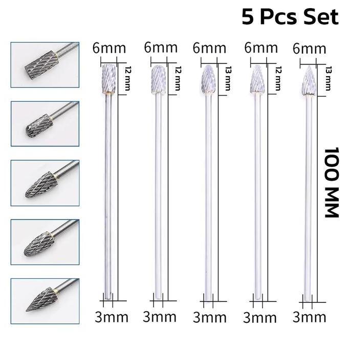 SUSTOMA COD Mata Bor Tuner Isi 5 Pcs Gagang Panjang 100mm Double Cut Shank 3mm Kepala 6mm Bahan Tung