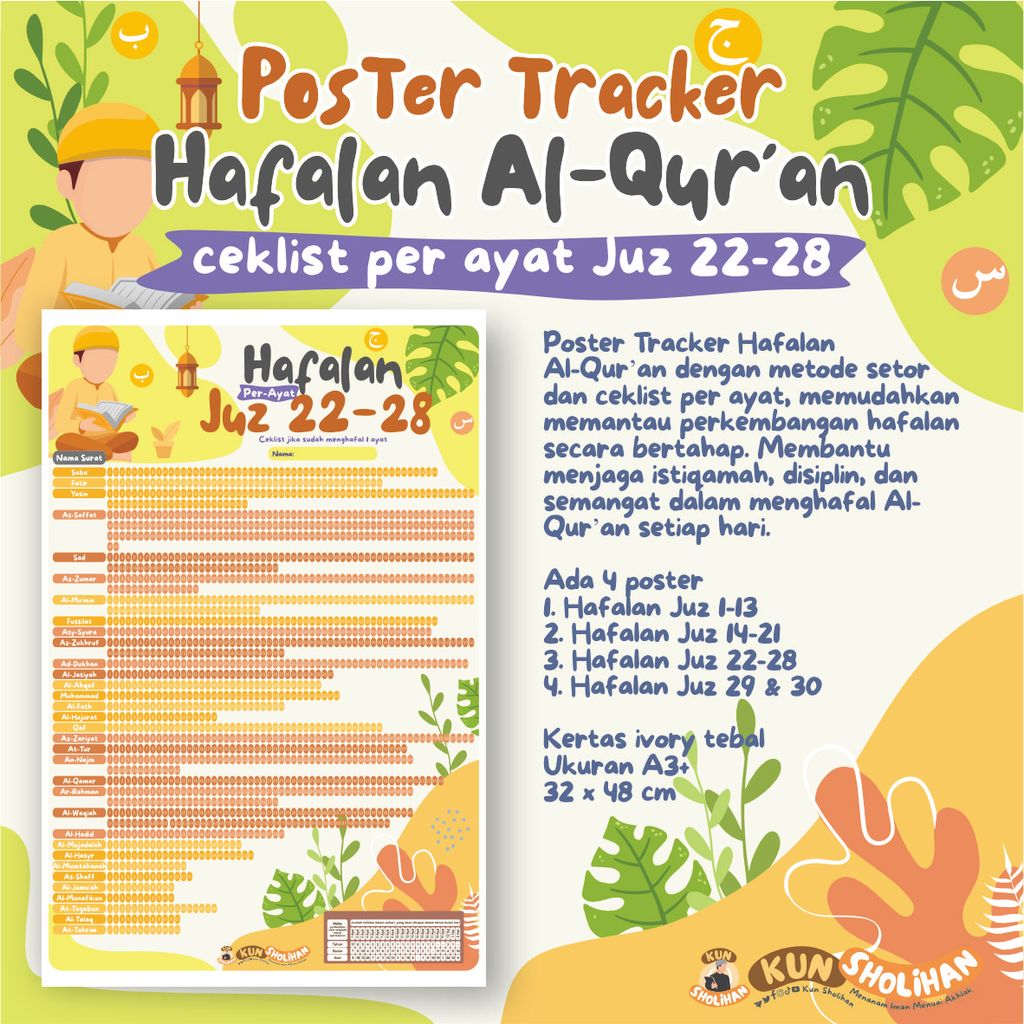 Poster Tracker Hafalan Juz 22 - 28 Per Ayat | Poster Edukasi Anak Kun Sholihan