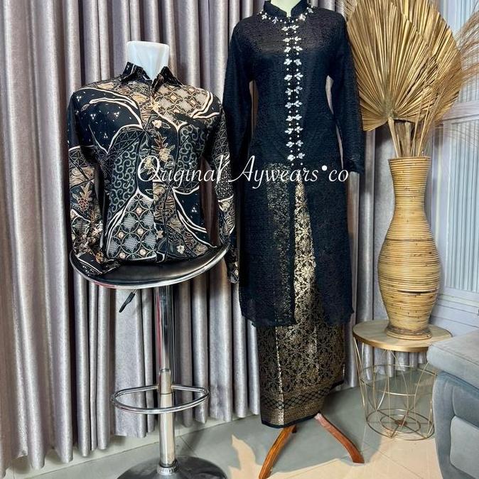~ Set Couple Pasangan Hitam Kebaya Burkat Kurung Malika Songket Dan Kemeja Batik Pasangan Wanita Kel