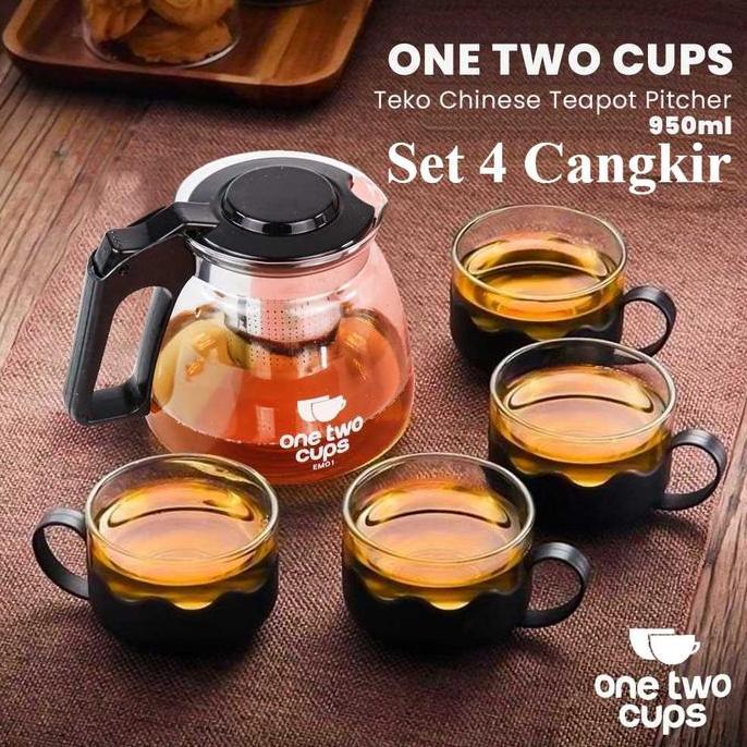 Teko Kaca Tahan Panas Set Teko Teh Chinese Teapot Pitcher 950ml with 4 Gelas Cangkir Ceret Set teh k