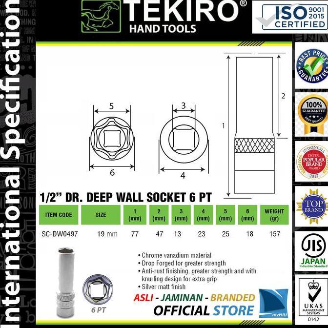 Onair- Tekiro Kunci Sok 19 Mm Panjang Stang 1/2" Inch 6 Pt Deep Wall Baja Chrome Vanadium Anti Karat