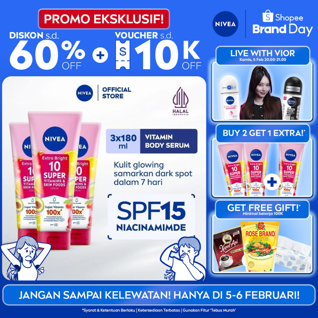 (PAKET HEMAT ISI 3) NIVEA Body Serum Extra Bright 10 Super Vitamins SPF15 180ml - Hand body serum mo
