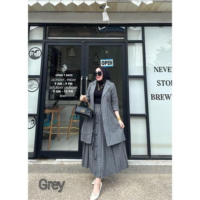 Ftx- Setelan Oneset Rok Blazer Kotak Ceo Plisket Wanita Bahan Flanel Ukuran Standar & Jumbo