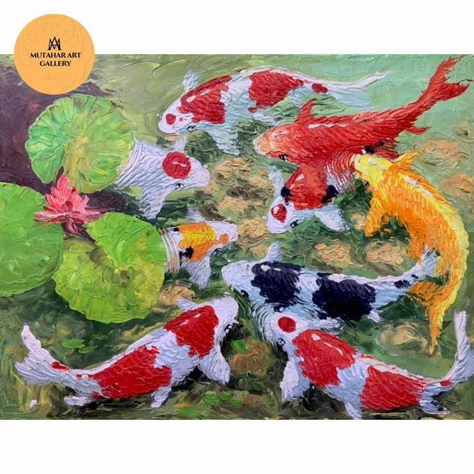 Lukisan kanvas ikan koi timbul 80x60