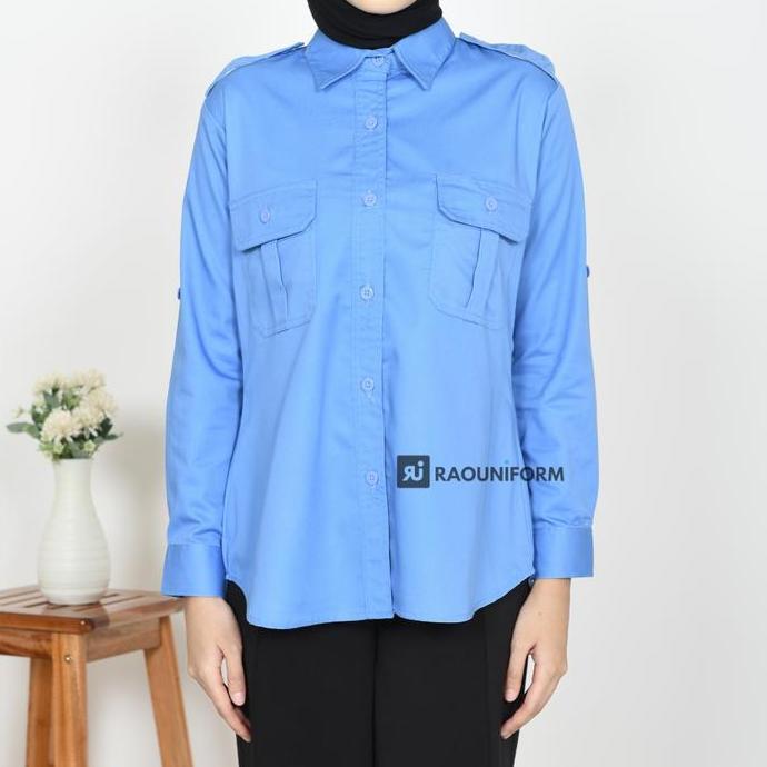 RAOUNIFORM Baju Seragam PNS Biru Muda Wanita Kemeja PDL Guru Lengan Panjang American Drill S-4XL Ter