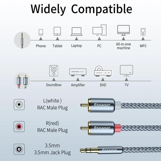Promo Kabel 3,5mm to RCA 2 meter 2M Essager AV117 Mini Stereo Aux Cable HiFi Diskon