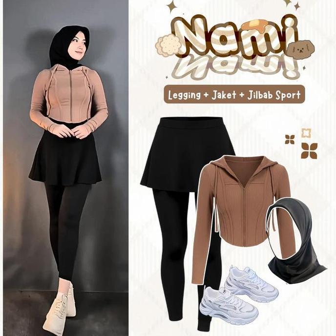 oneset 3in1 jaket crop legging rok jilbab bergo sport | hoodiemuslimpanjang baselayer midlayer olahr