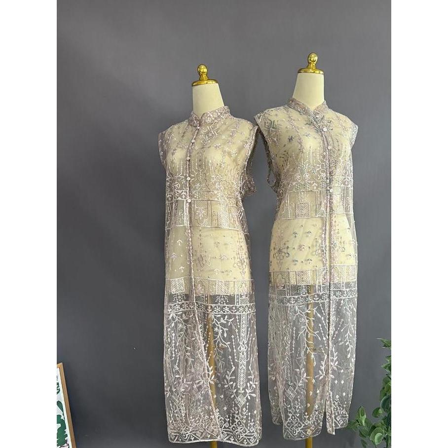 Kareen Outer - Long Cardi Brukat | Outer Brukat Etnik Kardigan Wanita Outer Tanpa Lengan